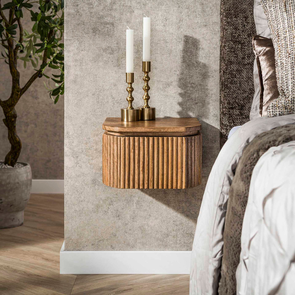 Bedside Tables - Floating Bedside Table Mango wood Sand 1 Drawer - Dimehouse