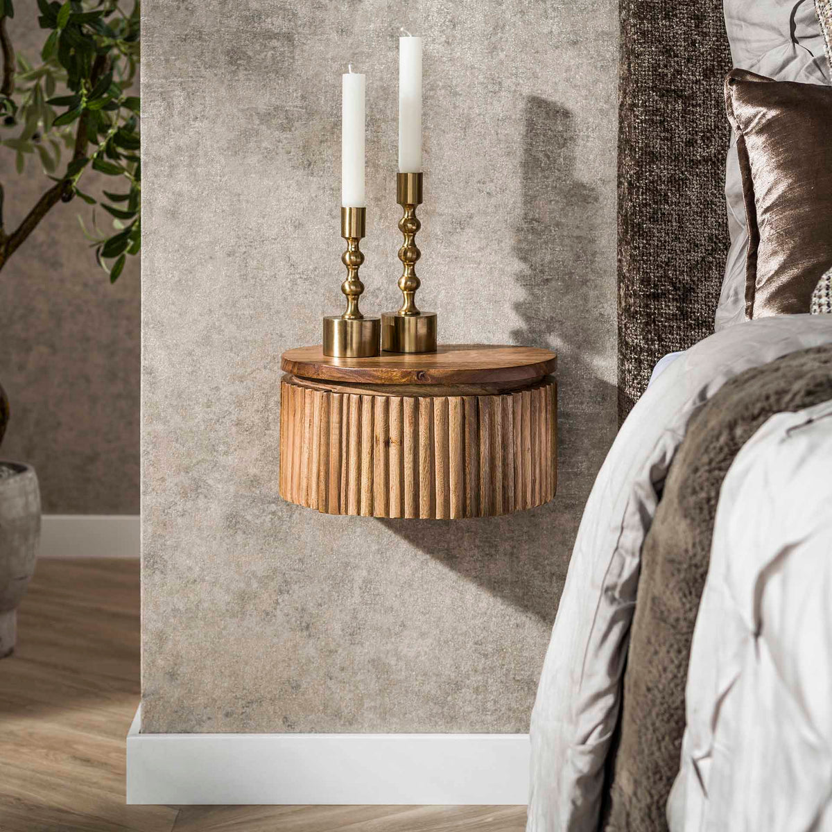 Bedside tables - Floating bedside table Curve round 1 - drawer Mango wood sand - Dimehouse