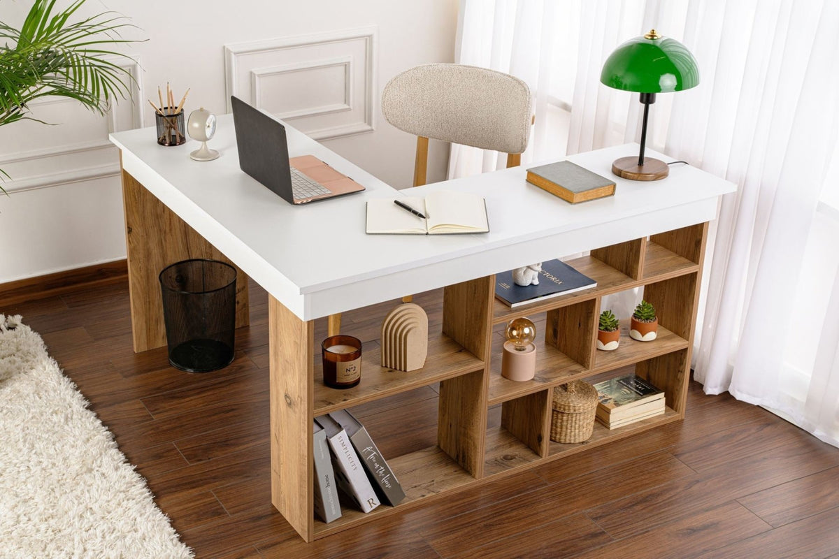 Desks - Vesper Study desk 130x120 cm white pine wood White Atlantic Pine Melamine - Dimehouse