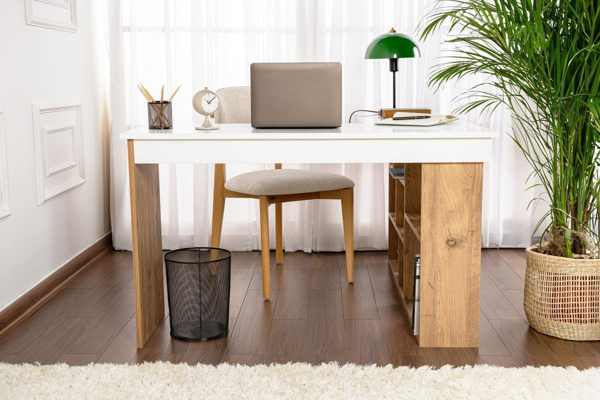 Desks - Vesper Study desk 130x120 cm white pine wood White Atlantic Pine Melamine - Dimehouse