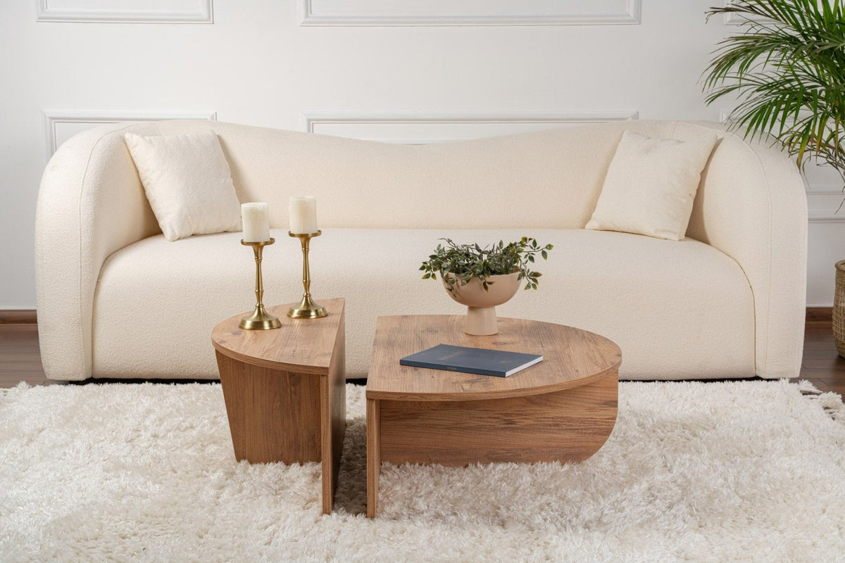 Coffee Tables - Round Coffee Table Atlantic Pine Wood Stepped Melamine 90 cm Orin - Dimehouse