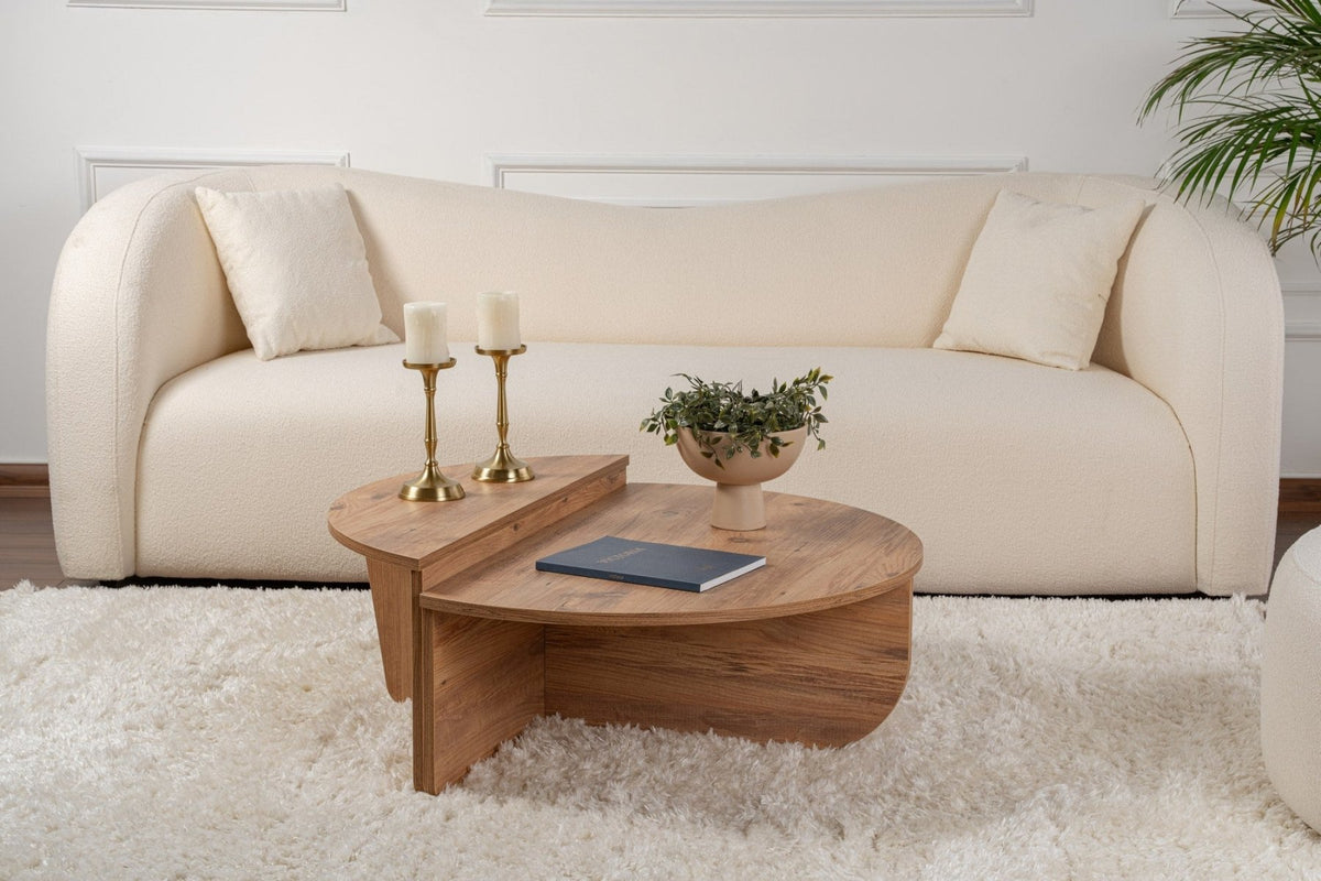 Coffee Tables - Round Coffee Table Atlantic Pine Wood Stepped Melamine 90 cm Orin - Dimehouse