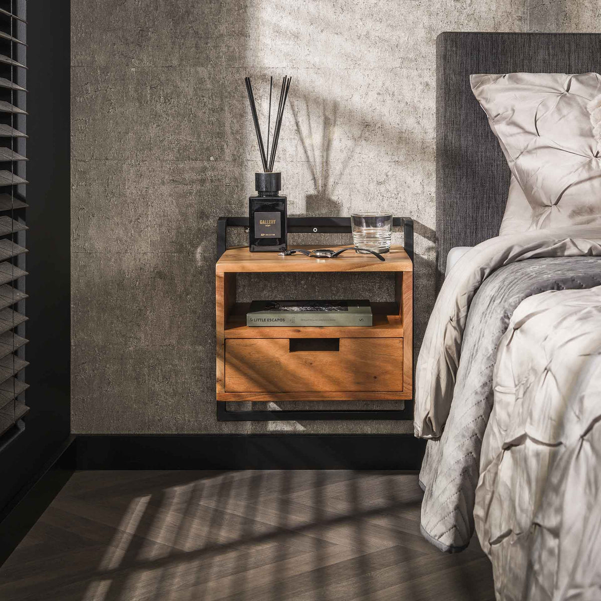 Bedside tables - Floating industrial bedside table Naomi Acacia wood open compartment - Dimehouse