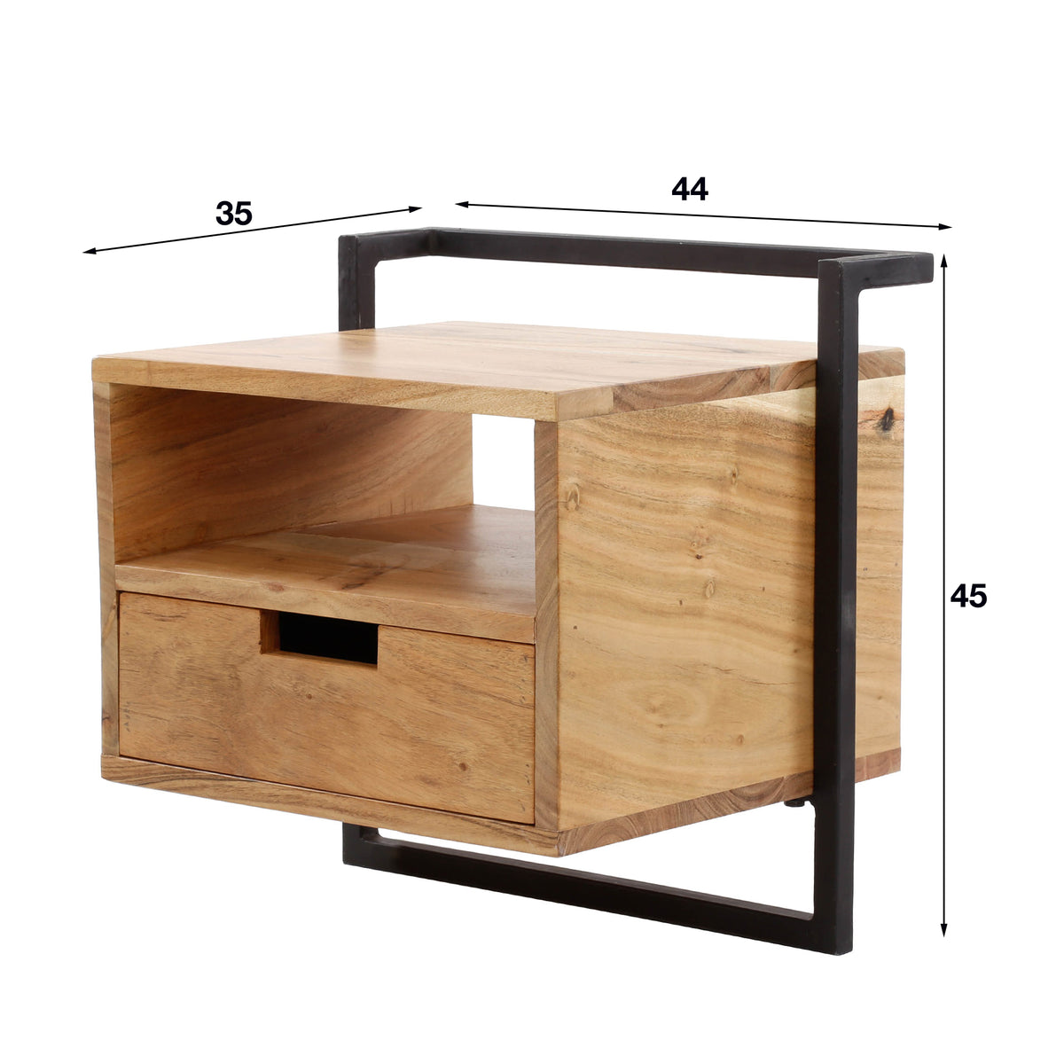 Bedside tables - Floating industrial bedside table Naomi Acacia wood open compartment - Dimehouse