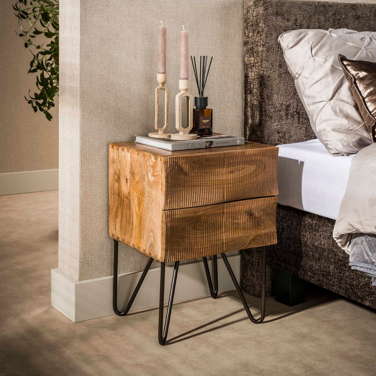 Bedside table - Bedside table 2 drawers sand color Mango wood Oona - Dimehouse