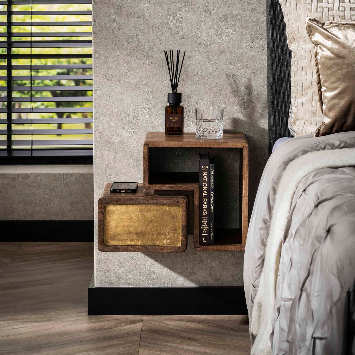Bedside Tables - Solano Set of 2 Bedside Tables Solid Mango Sand Brass - Dimehouse