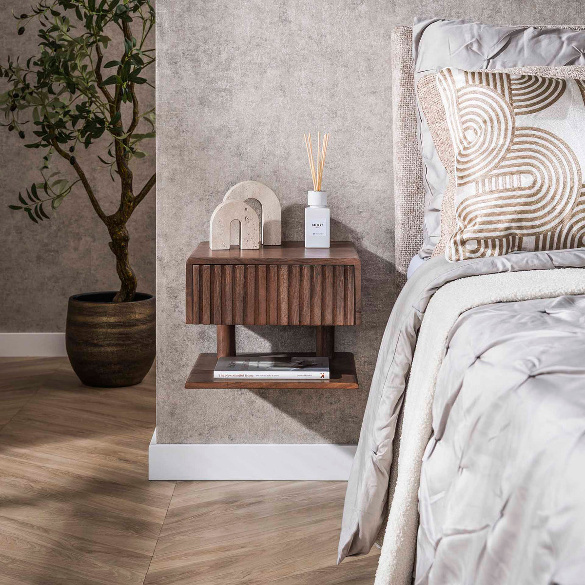 Bedside Tables - Floating Bedside Table Dex Acacia Wood Drift Brown 1 Drawer Open Shelf - Dimehouse