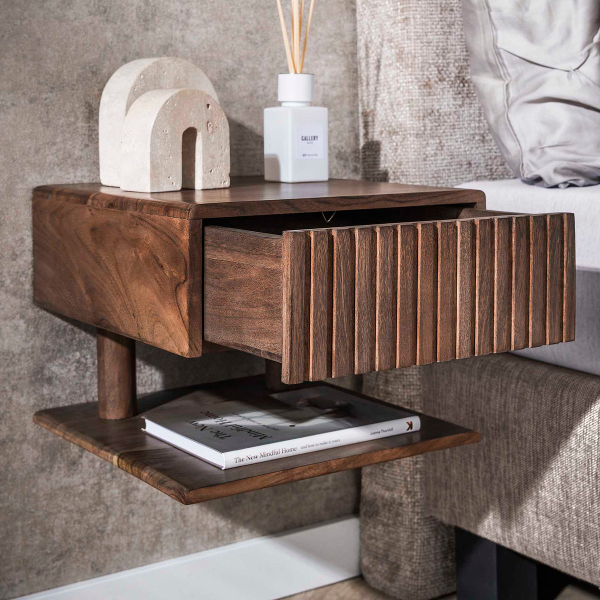 Bedside Tables - Floating Bedside Table Dex Acacia Wood Drift Brown 1 Drawer Open Shelf - Dimehouse