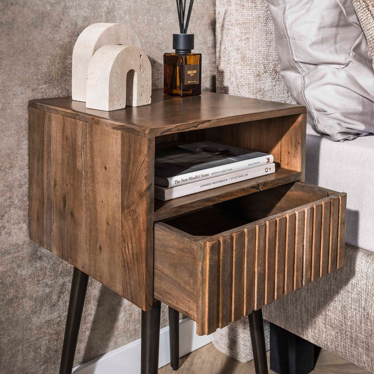 Bedside tables - Bedside table Oslo Acacia wood Drift Brown 1 Drawer - Dimehouse