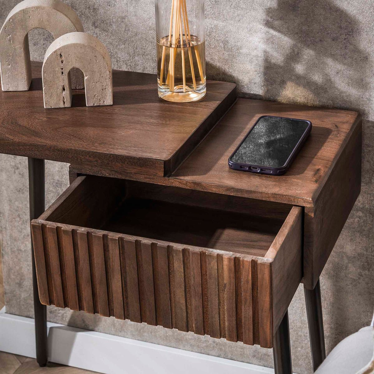 Bedside tables - Oslo Bedside Table Left Acacia Wood Drift Brown 1 Drawer - Dimehouse