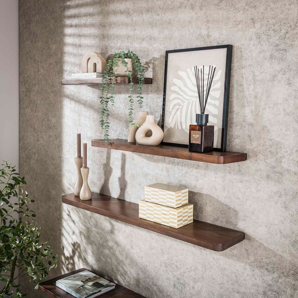 Wall shelves - Wall shelf Noa 120 cm Solid Acacia wood Drift Brown - Dimehouse