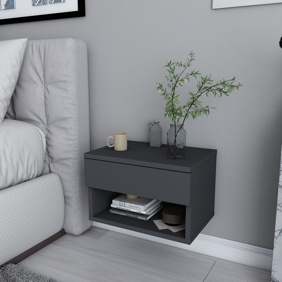 Bedside tables - Bedside table Jamot Anthracite Melamine 44.6x31.9x31.9 cm - Dimehouse
