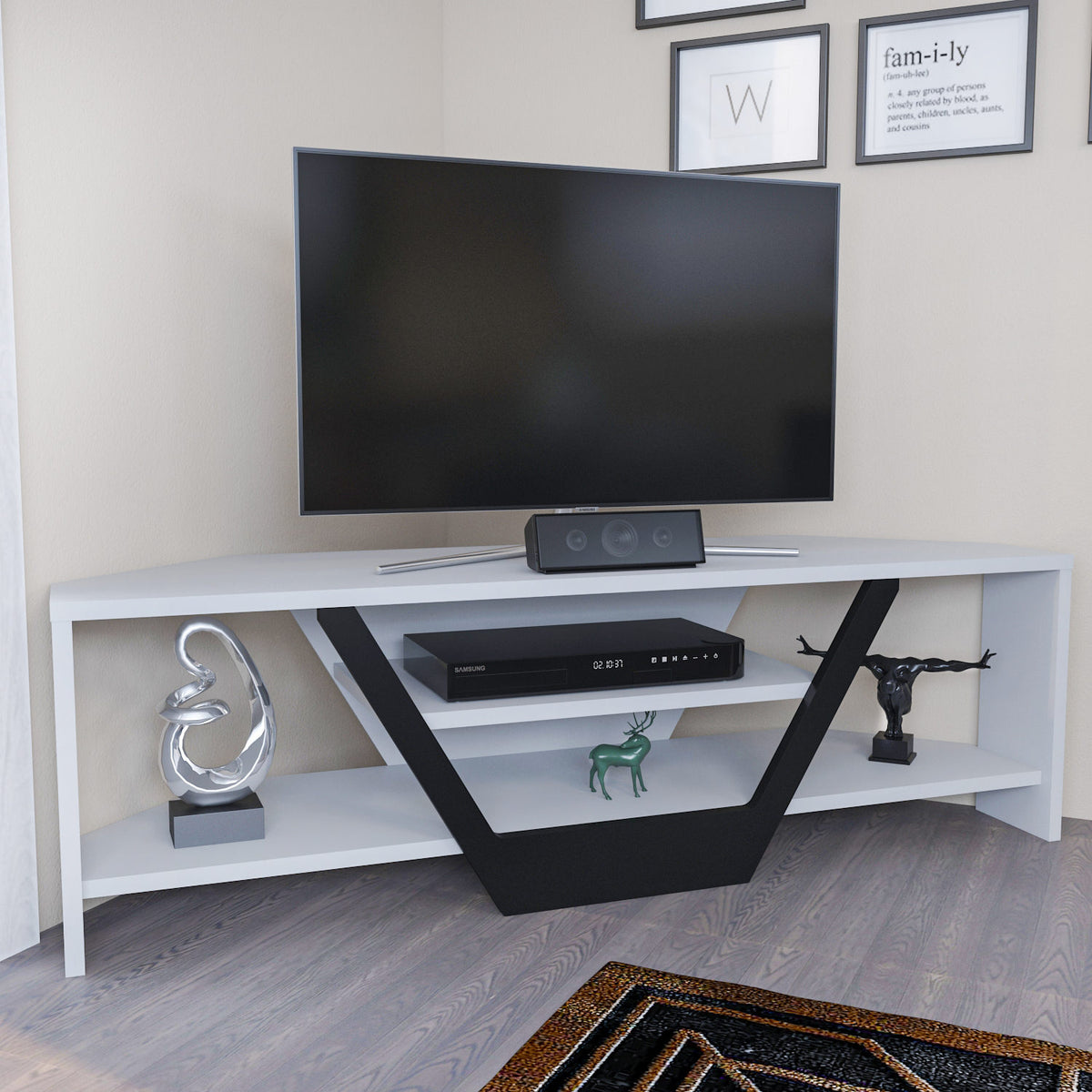 Sares TV cabinet white-black 120 cm White, Black Melamine coated wood composite