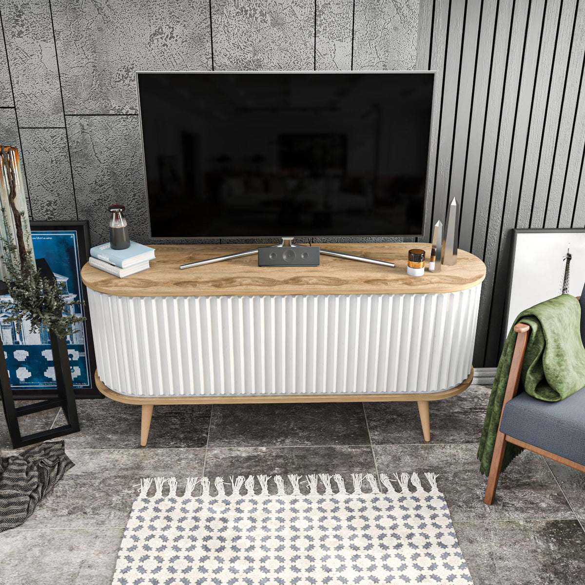 TV Furniture - TV Furniture Stor Oak White Melamine 140x64x43 cm - Dimehouse