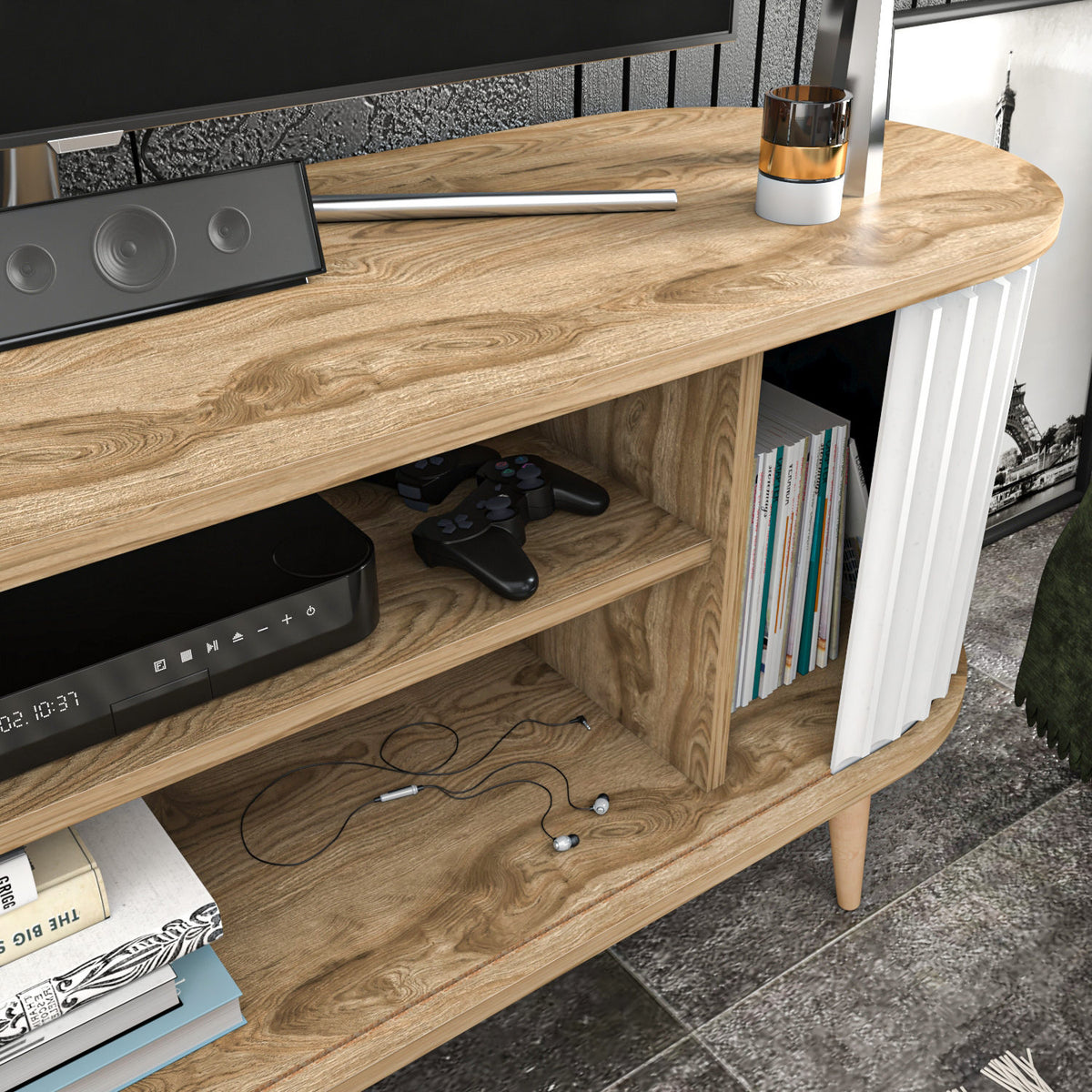 TV Furniture - TV Furniture Stor Oak White Melamine 140x64x43 cm - Dimehouse