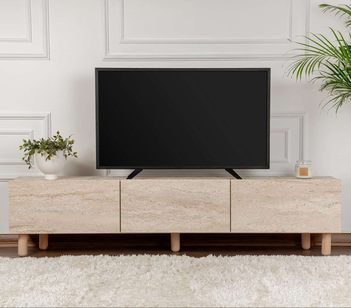 Alvin TV cabinet travertine look 180 cm Melamine coated furniture panel