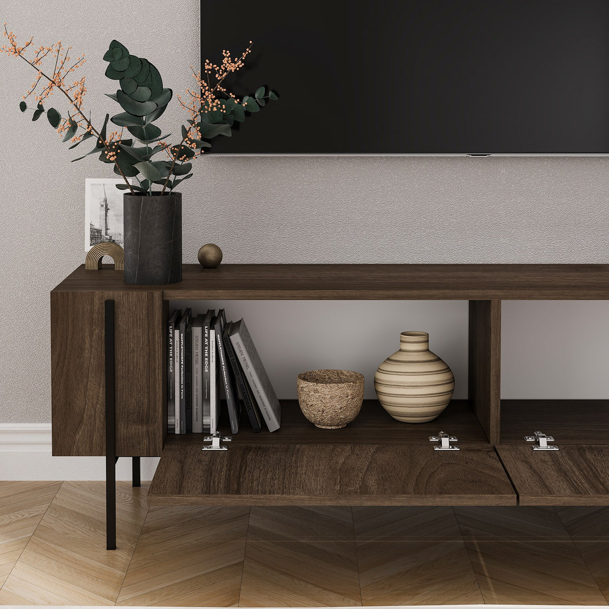 Herman TV cabinet in walnut look 160 cm Melamine-coated wood
