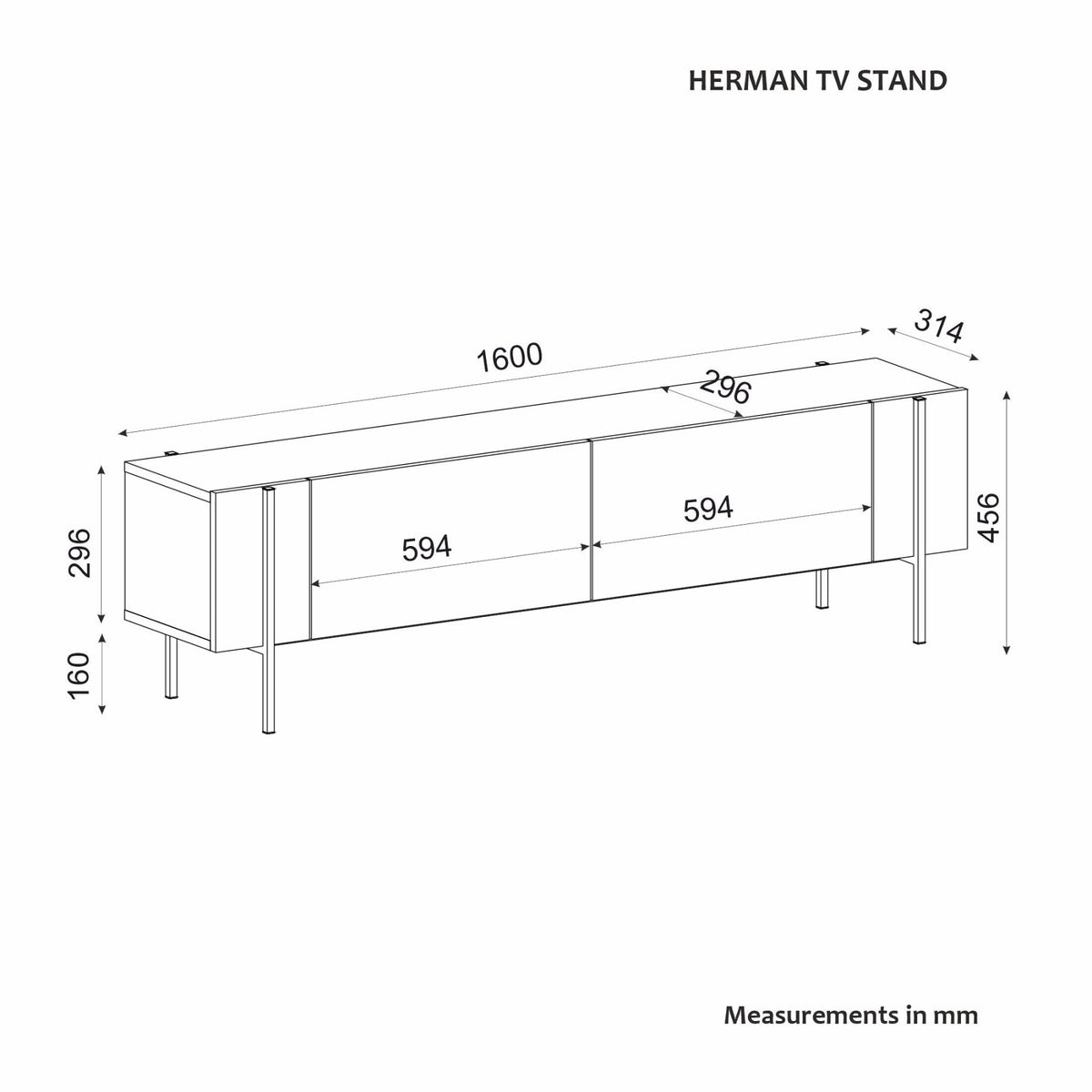 Herman TV cabinet in walnut look 160 cm Melamine-coated wood