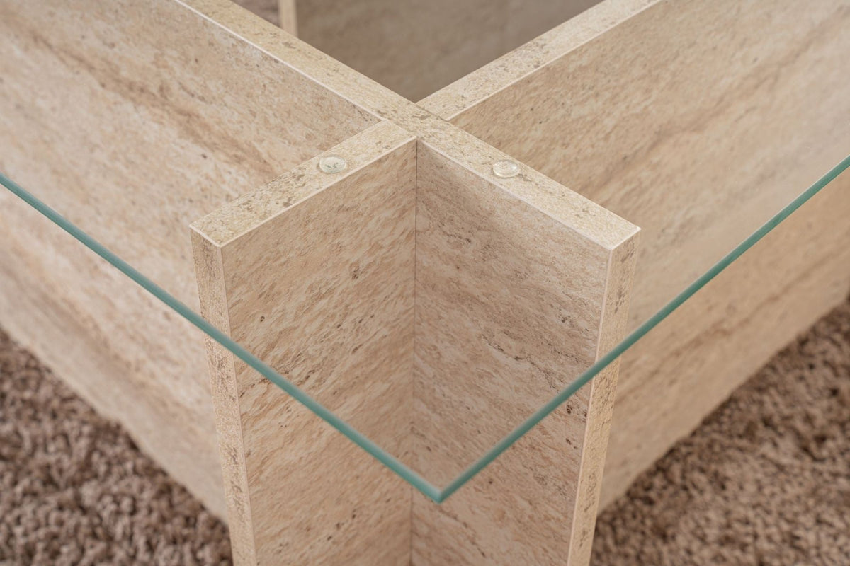 Coffee Tables - Rectangular Modern Coffee Table Vetroni Travertine Look - Glass - 105x65 cm - Dimehouse
