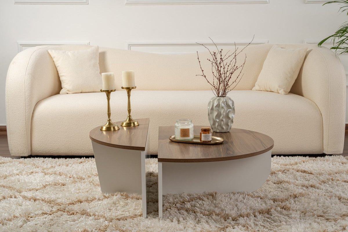 Coffee tables - Round coffee table Orion walnut and white melamine 90x60 cm - Dimehouse