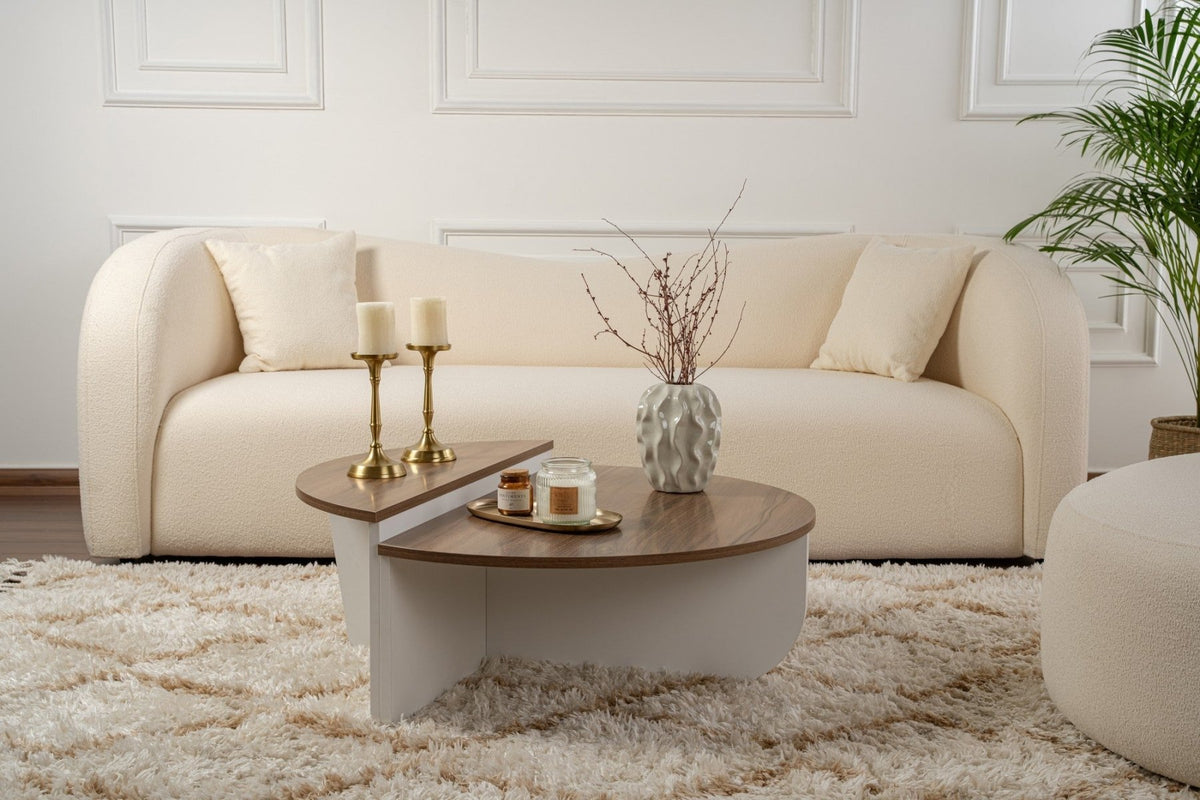 Coffee tables - Round coffee table Orion walnut and white melamine 90x60 cm - Dimehouse