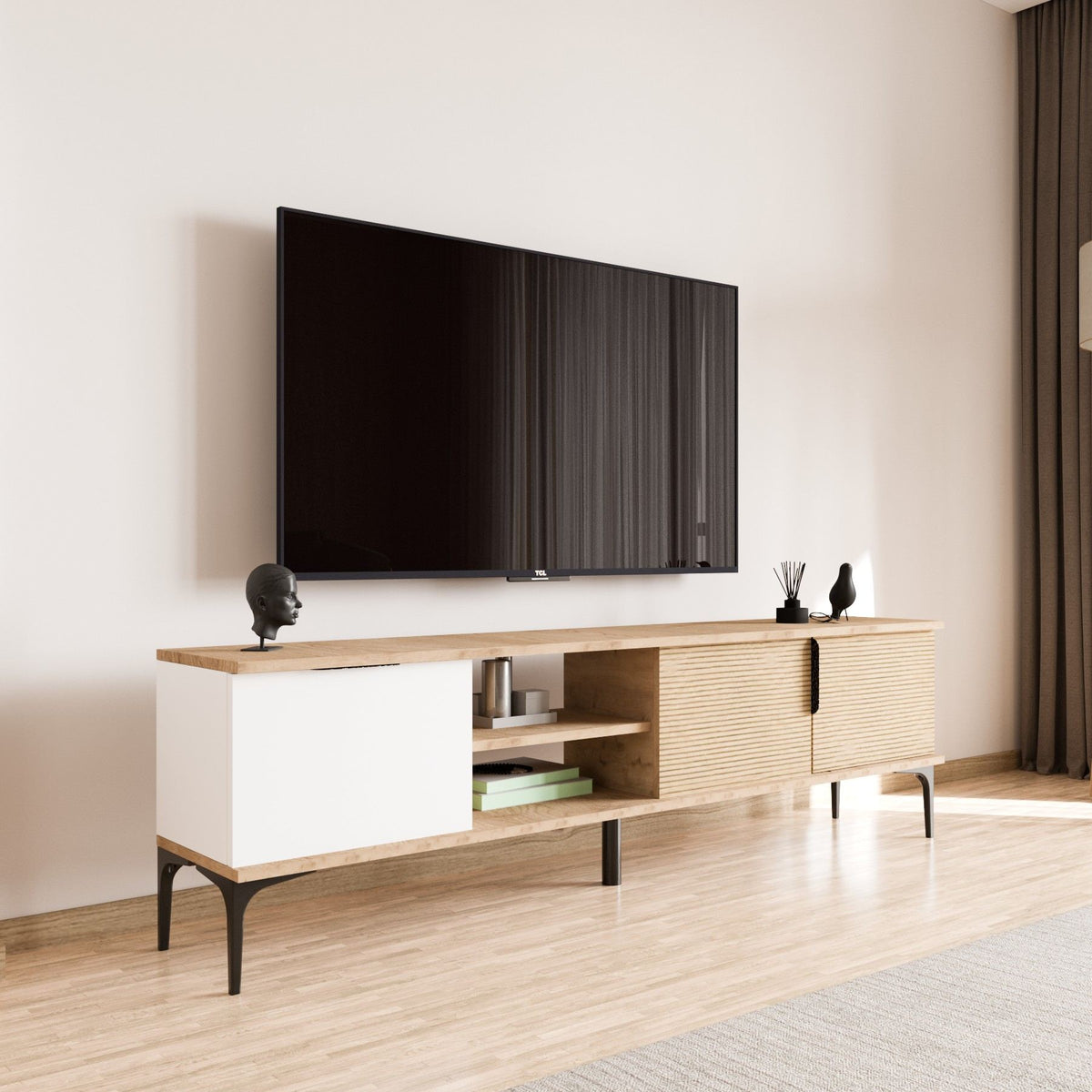 Tarz sideboard in white oak look 180 cm White, oak look Melamine coated wood composite