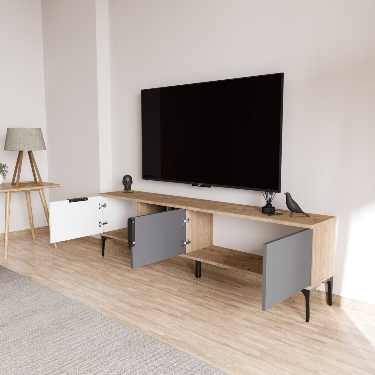 Tarz TV cabinet with open compartments 180 cm White, anthracite and oak look Melamine coated wood composite