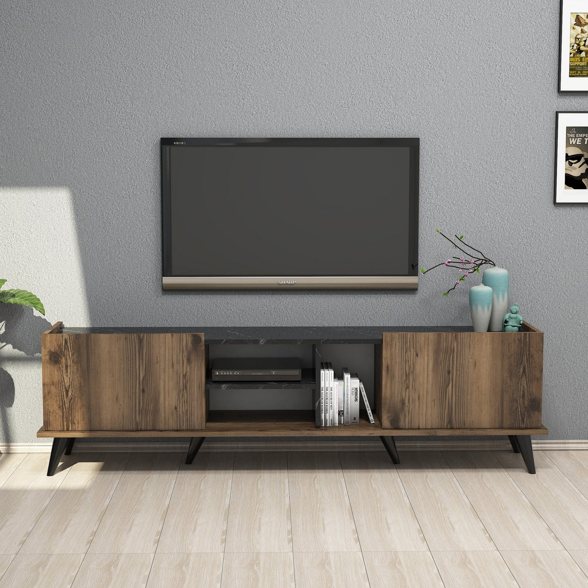 TV Furniture - TV Furniture Elegant Walnut Black Melamine 180x52x34 cm - Dimehouse