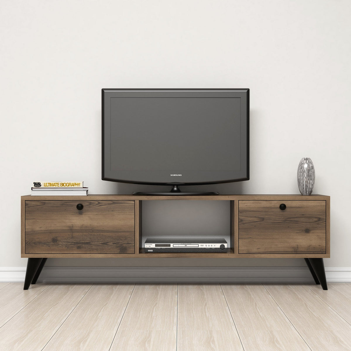 TV Furniture - TV Furniture Serenat Walnut Black Melamine 138x42.6x29.5 cm - Dimehouse