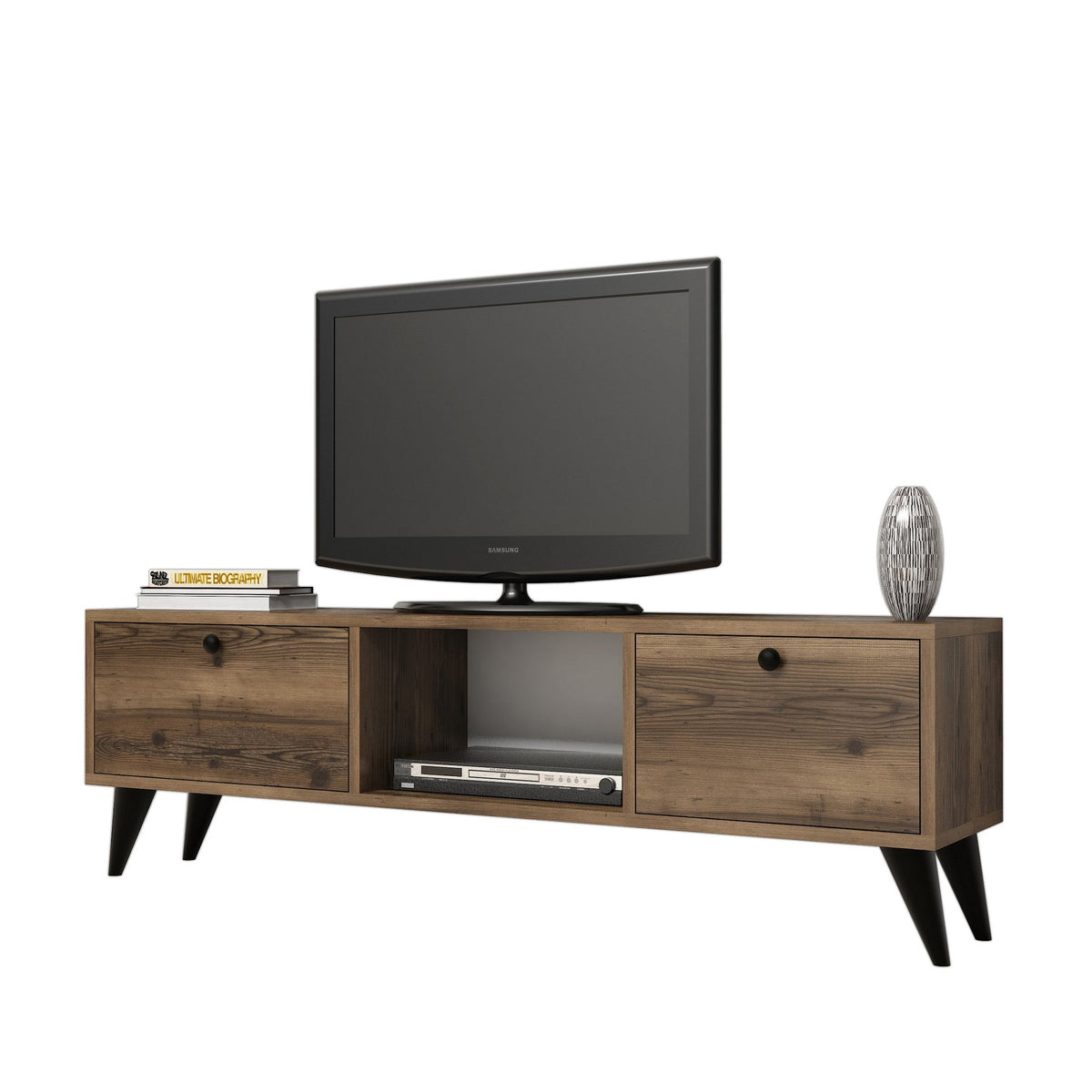 TV Furniture - TV Furniture Serenat Walnut Black Melamine 138x42.6x29.5 cm - Dimehouse