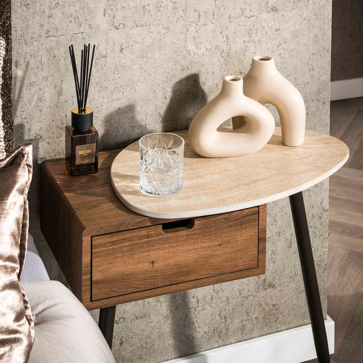 Bedside tables - Bedside table Borea Right 1 drawer Ceramic Travertine - Dimehouse