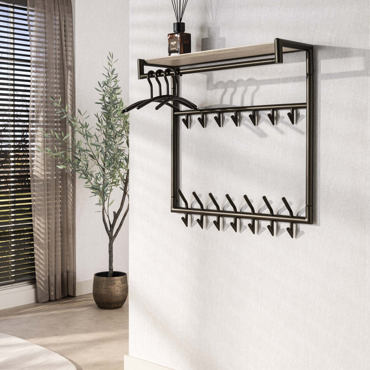 Coat racks - Wall coat rack Aria 3x7 hooks Travertine Melamine Bronze colored - Dimehouse
