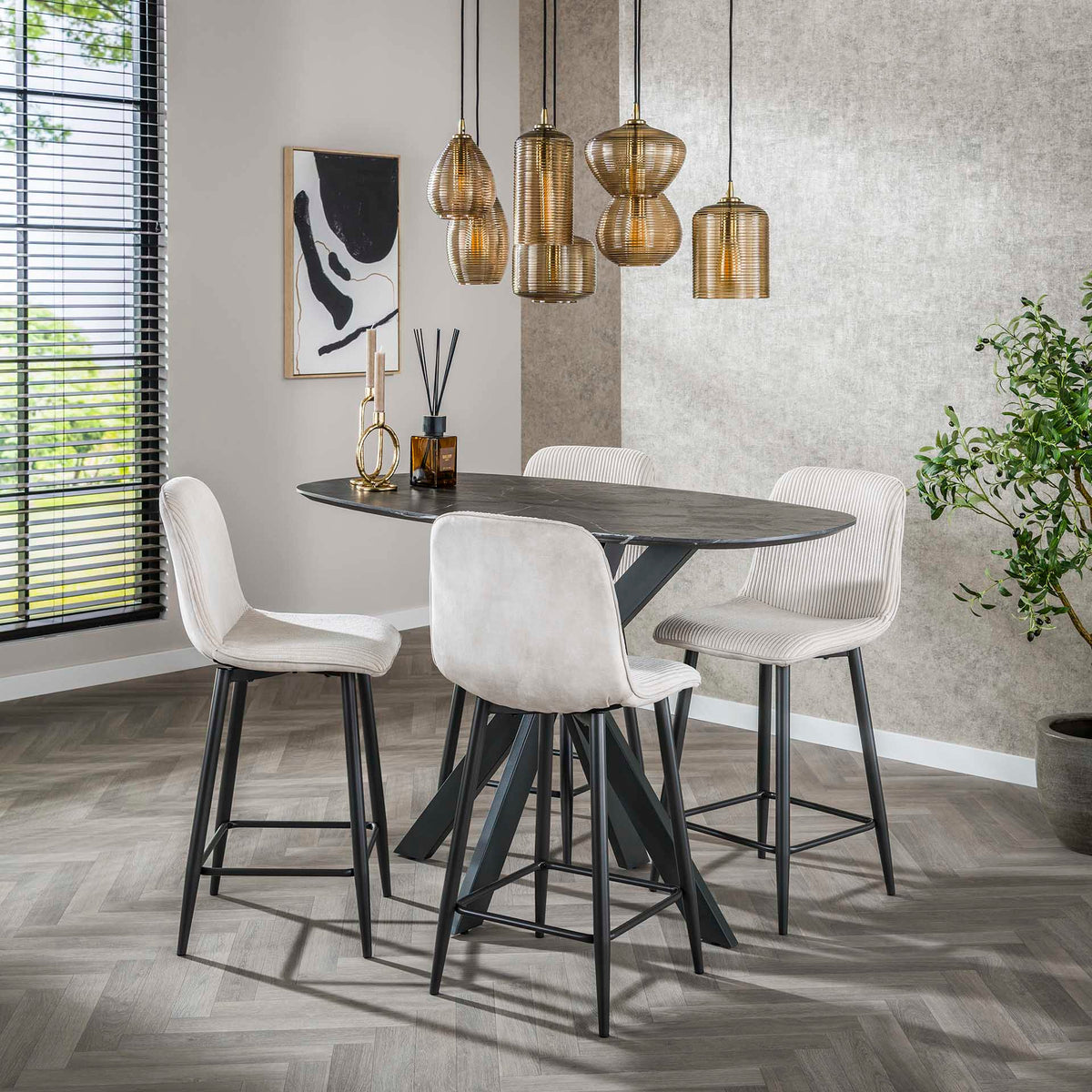Bar Stools - Modern Bar Stool Lento Rib Rock Fabric Ivory Rib Structure - Dimehouse