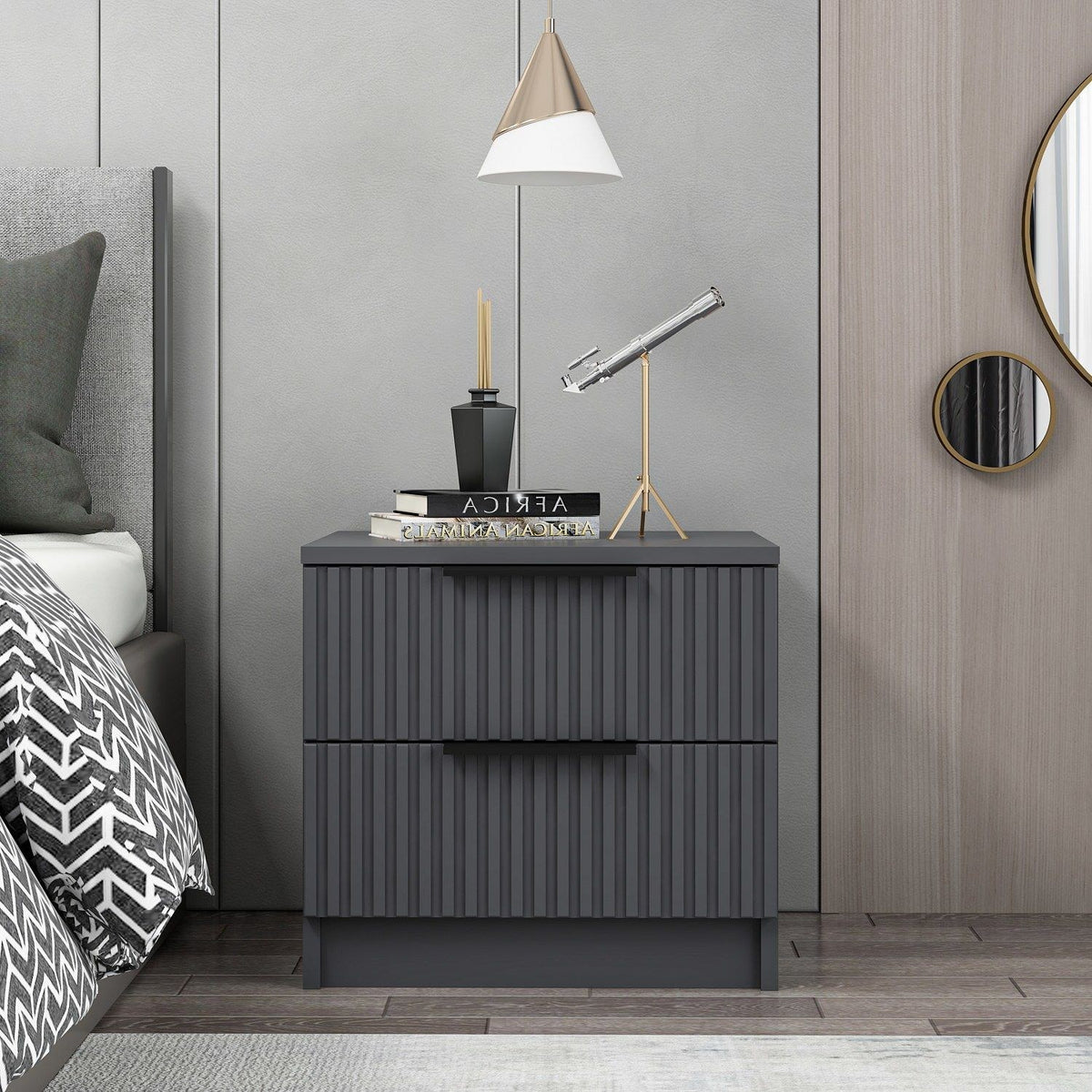 Bedside tables - Kala Plus Bedside Table Anthracite Melamine 50x47x40 cm - Dimehouse