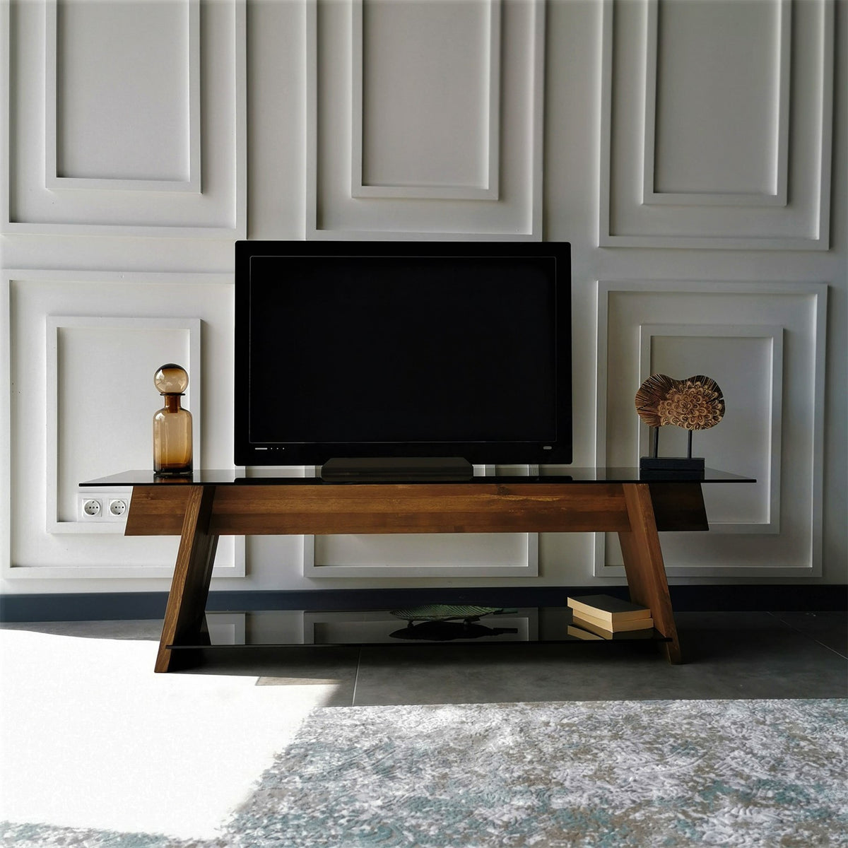 TV Furniture - TV Furniture Coral Walnut Black Glass 158x45x40 cm - Dimehouse
