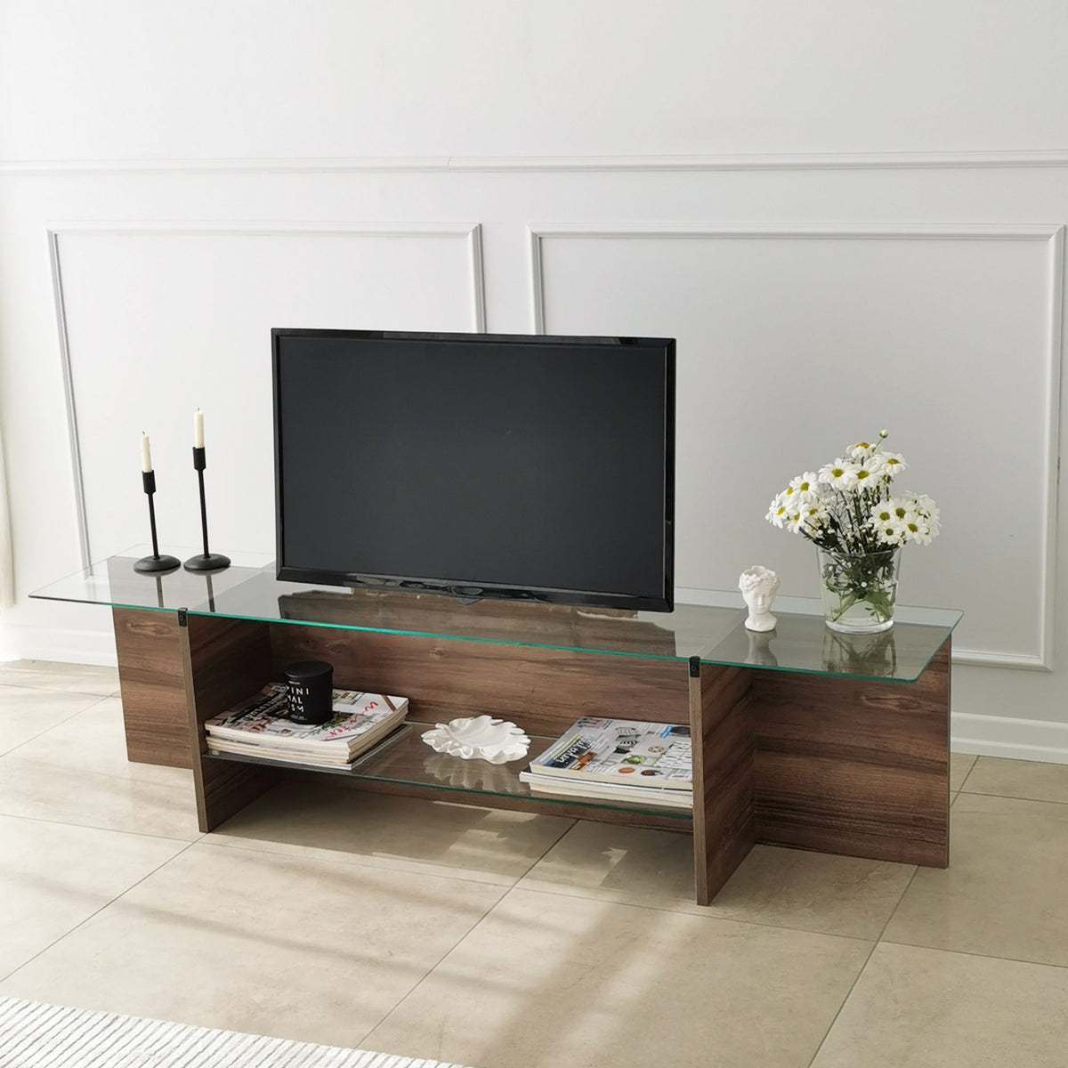 TV Furniture - TV Furniture Escape TV Walnut Glass 158x40x35 cm - Dimehouse