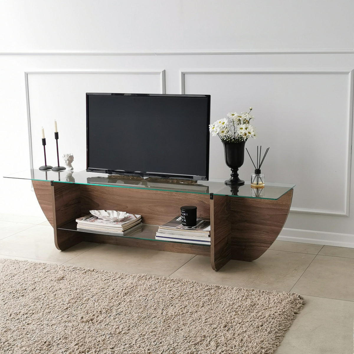 TV Furniture - TV Furniture Lily TV Walnut Glass 158x40x35 cm - Dimehouse