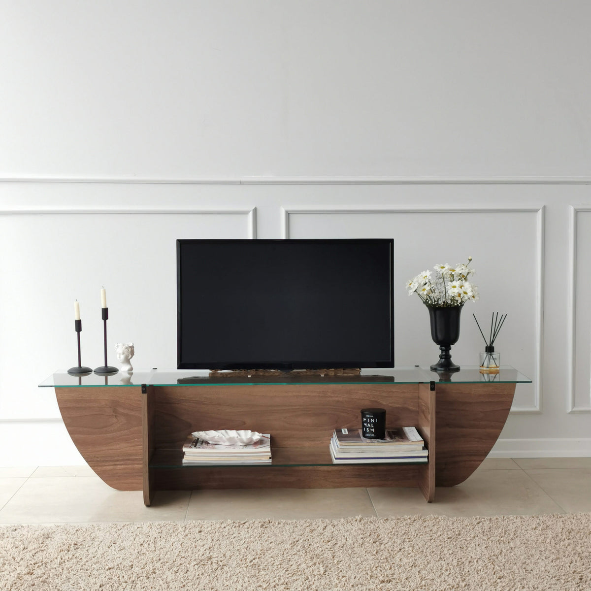 TV Furniture - TV Furniture Lily TV Walnut Glass 158x40x35 cm - Dimehouse
