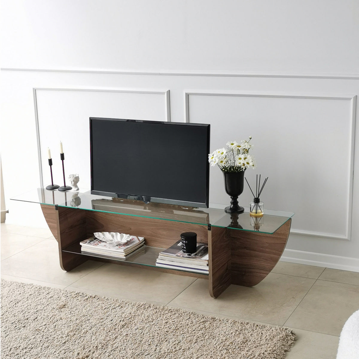 TV Furniture - TV Furniture Lily TV Walnut Glass 158x40x35 cm - Dimehouse