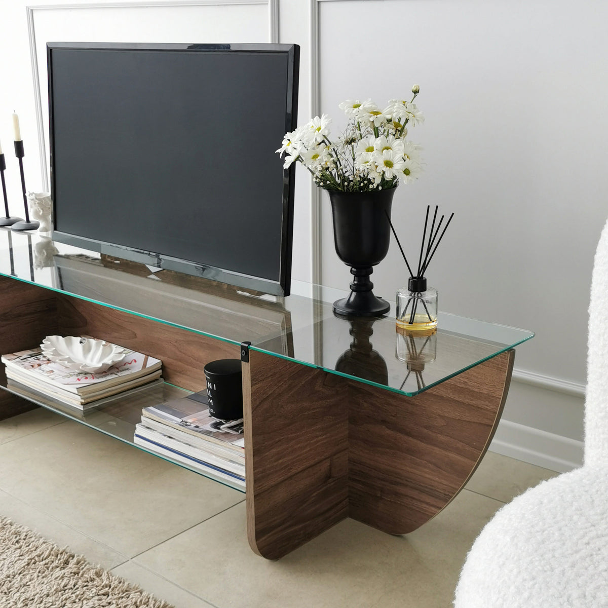TV Furniture - TV Furniture Lily TV Walnut Glass 158x40x35 cm - Dimehouse
