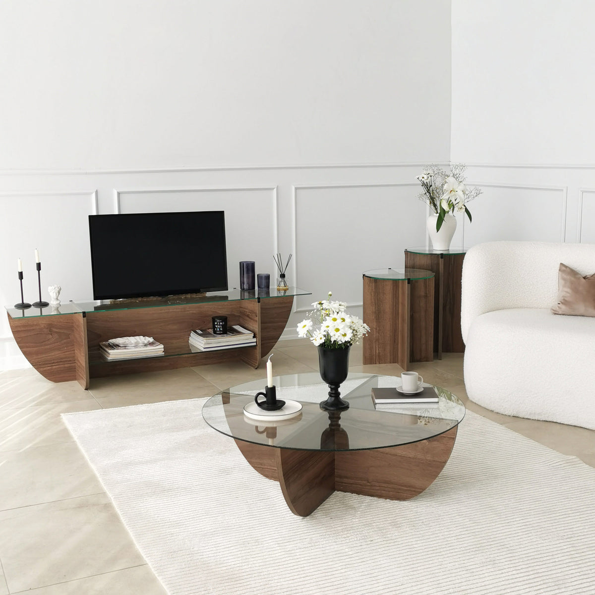 TV Furniture - TV Furniture Lily TV Walnut Glass 158x40x35 cm - Dimehouse