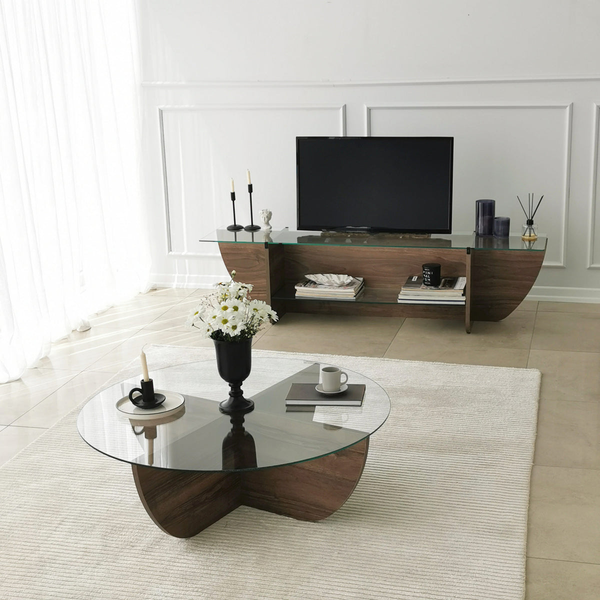 TV Furniture - TV Furniture Lily TV Walnut Glass 158x40x35 cm - Dimehouse
