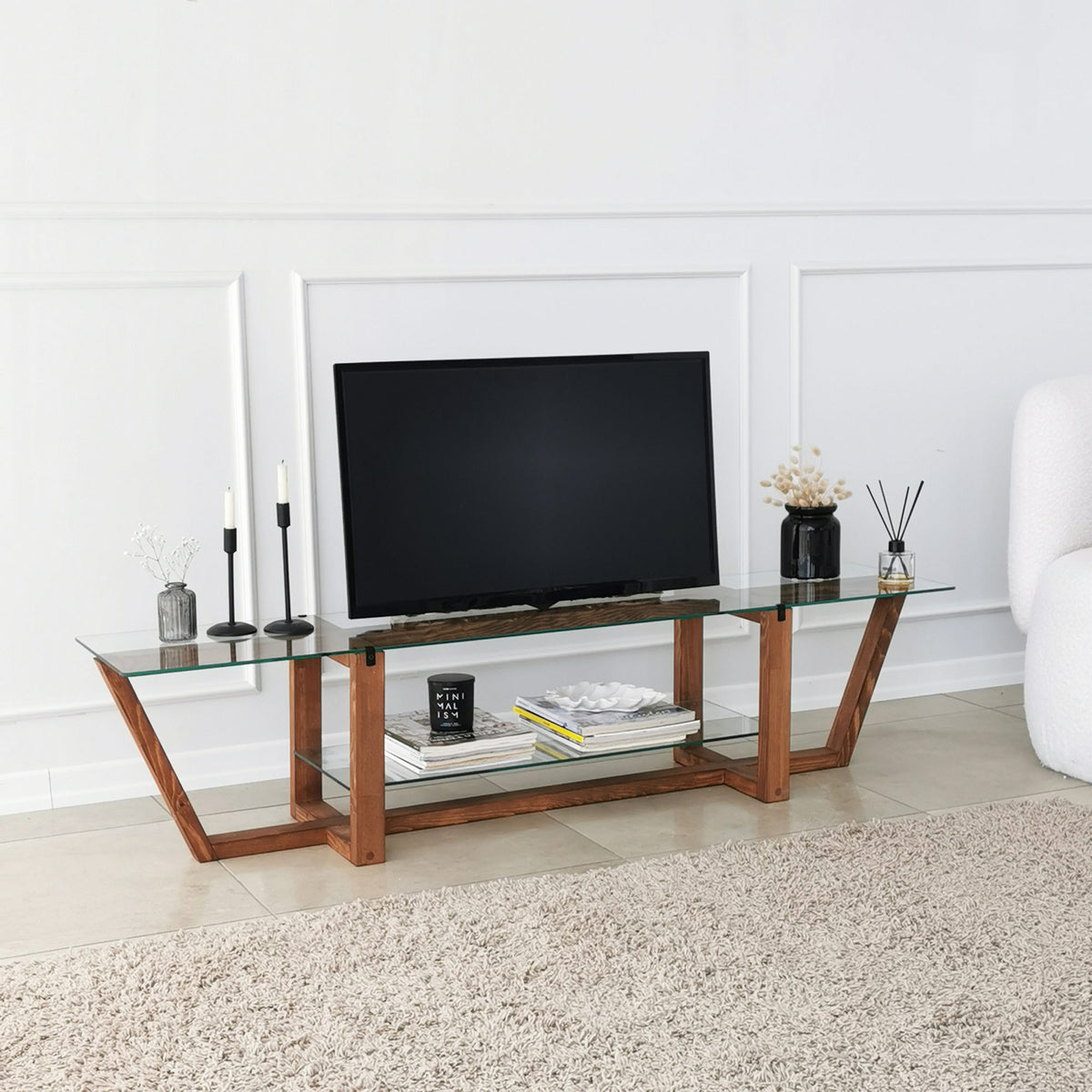 TV Furniture - TV Furniture Amaufi Walnut Glass 158x35x35 cm - Dimehouse