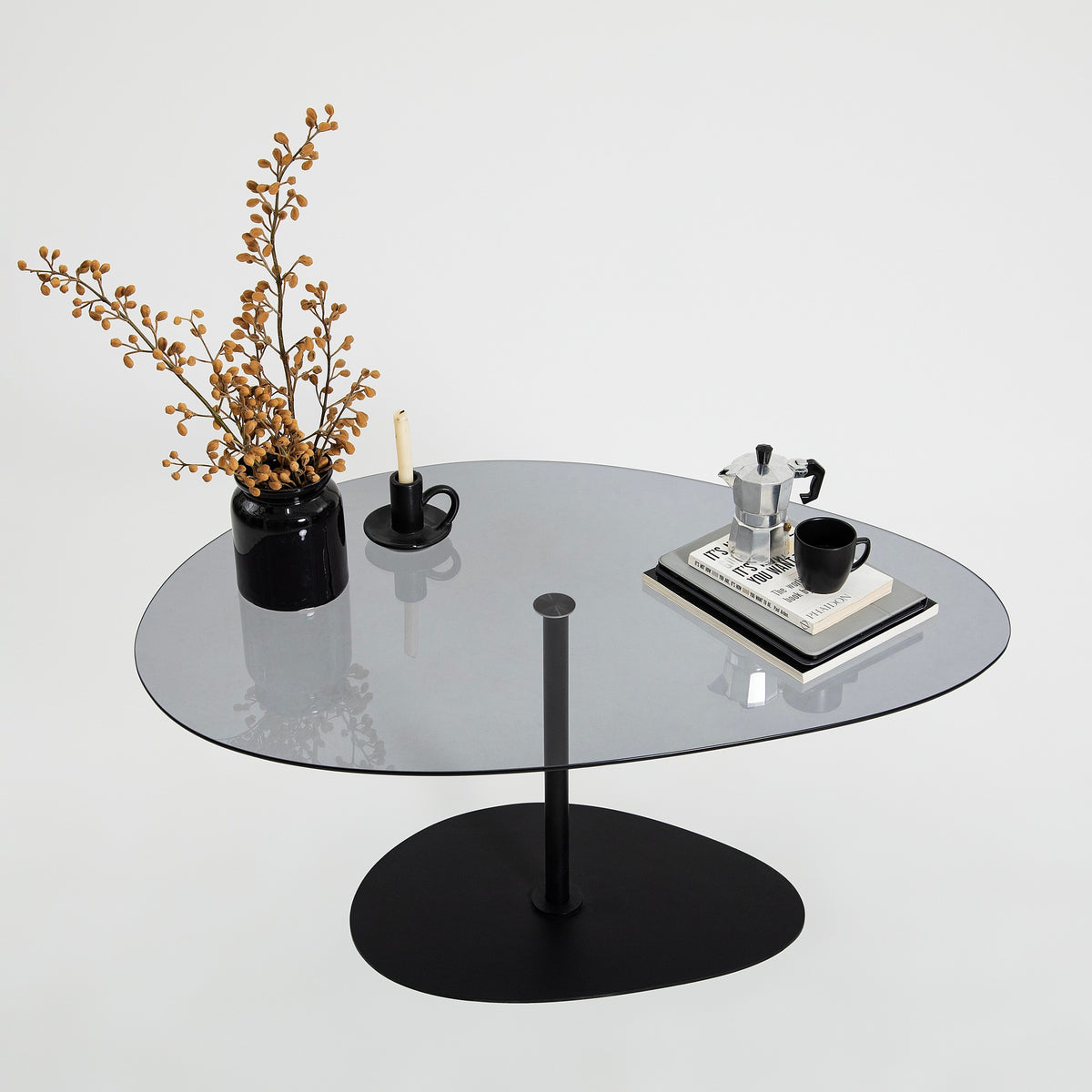 Coffee Tables - Organic Design Coffee Table Tinted Glass Torpo - Black Metal Frame - Dimehouse