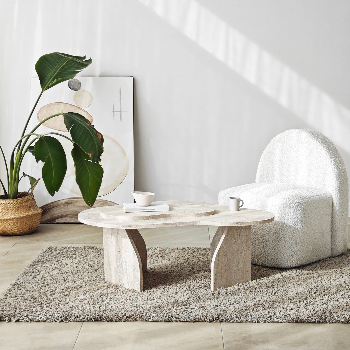 Coffee tables - Organic Coffee Table Travertine Melamine marble look Melta - 105x65 cm - Dimehouse