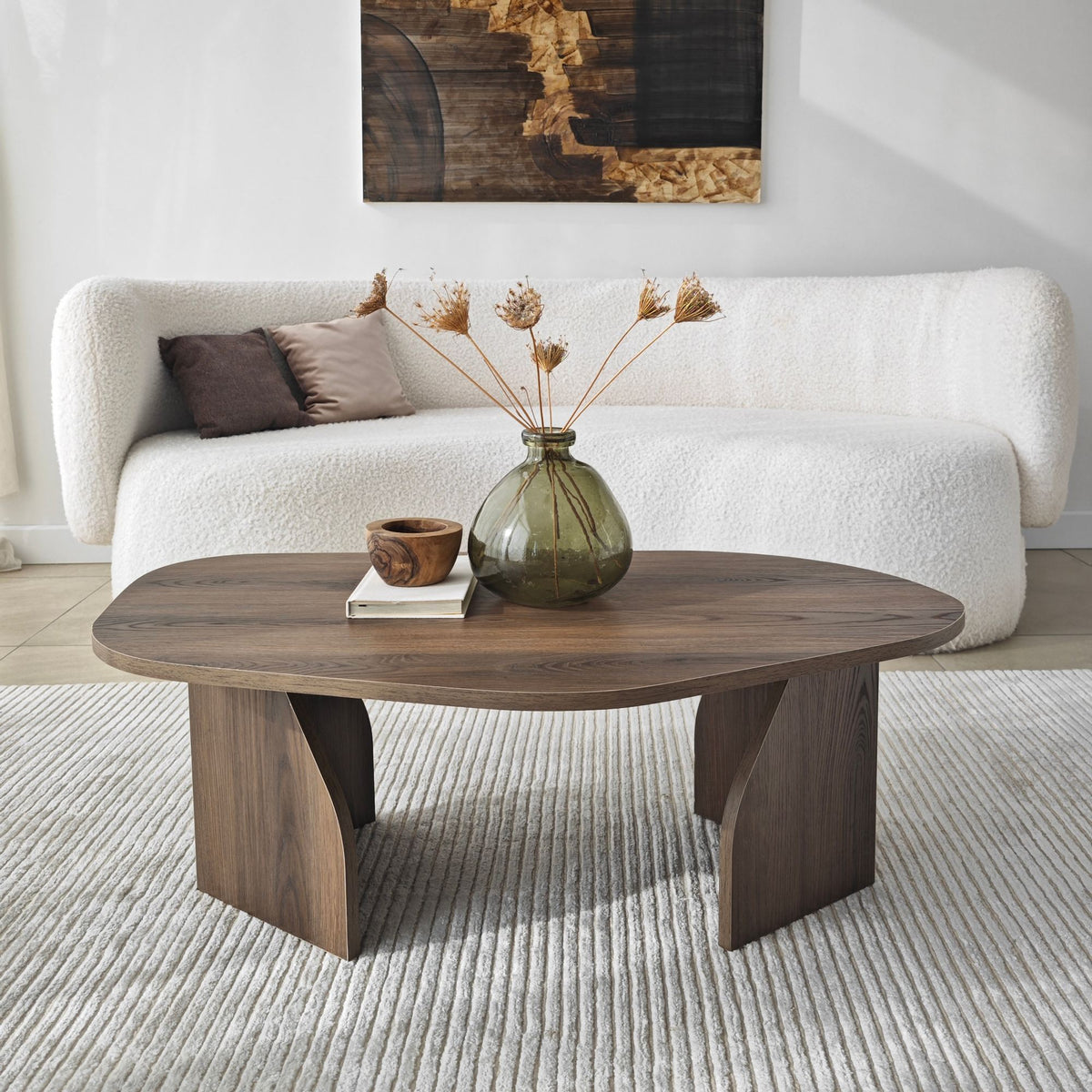 Coffee Tables - Organic Coffee Table Japandi Walnut Melamine Rack - 105x65 cm - Dimehouse