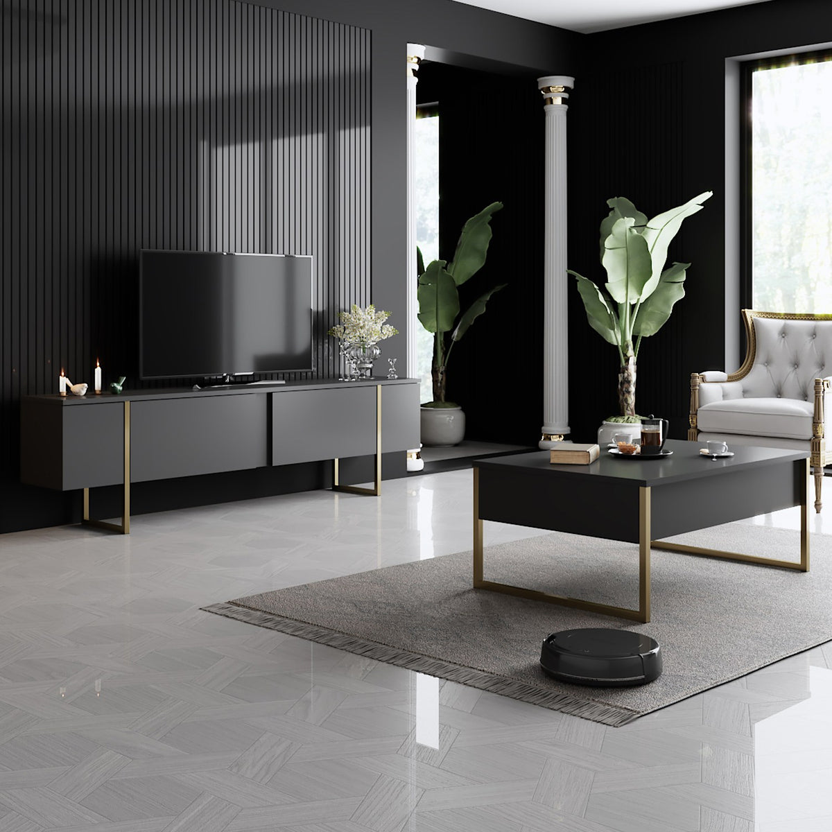 Coffee Tables - Rectangular Coffee Table Anthracite Luxury 90x60 - Golden Frame - Dimehouse