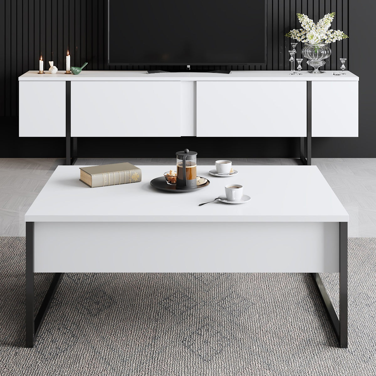 Coffee Tables - Rectangular Coffee Table White Luxury 90x60 - Black Frame - Dimehouse