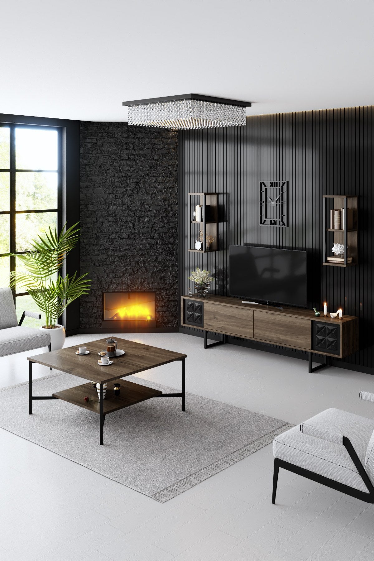 TV Furniture - TV Furniture Set Black Line Walnut Black Melamine 180x48x30 cm - Dimehouse
