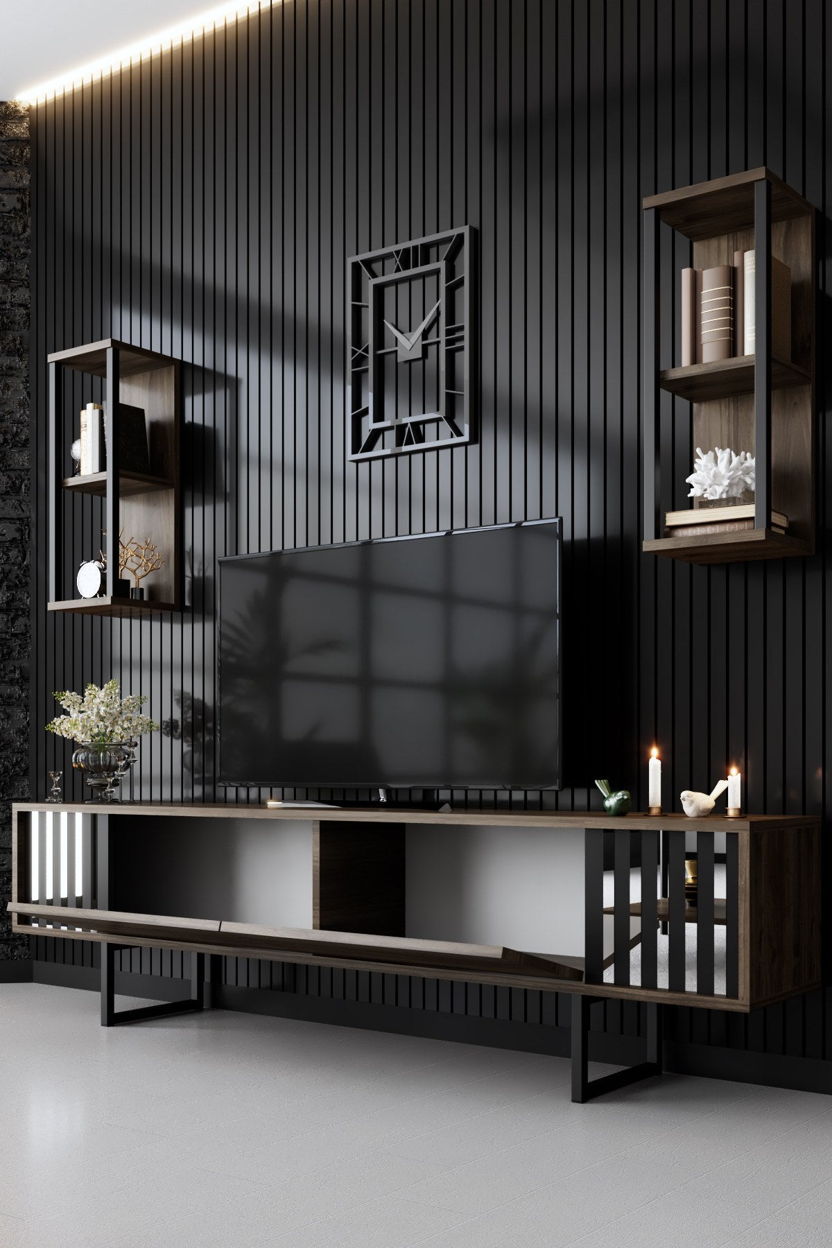 TV Furniture - TV Furniture Set Chrome Line Walnut Black Melamine 180x48x30 cm - Dimehouse